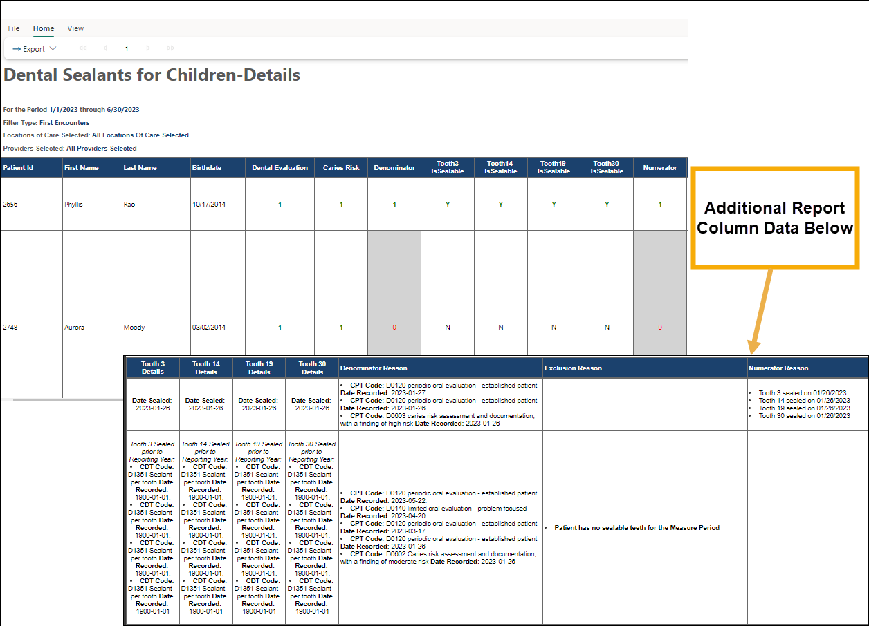 Report example two of Dental Sealant showing first encounters for all providers.